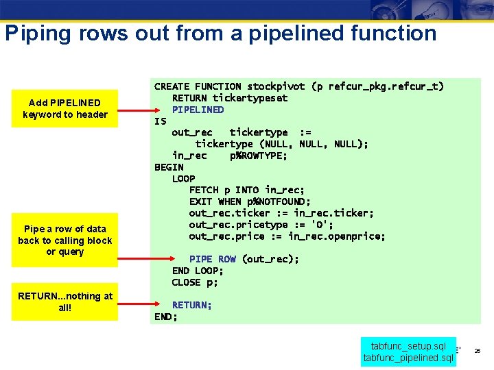 Piping rows out from a pipelined function Add PIPELINED keyword to header Pipe a