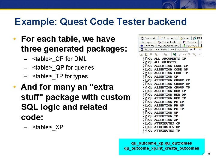 Example: Quest Code Tester backend • For each table, we have three generated packages: