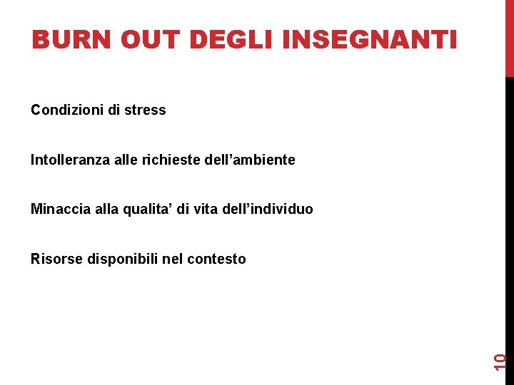 BURN OUT DEGLI INSEGNANTI Condizioni di stress Intolleranza alle richieste dell’ambiente Minaccia alla qualita’