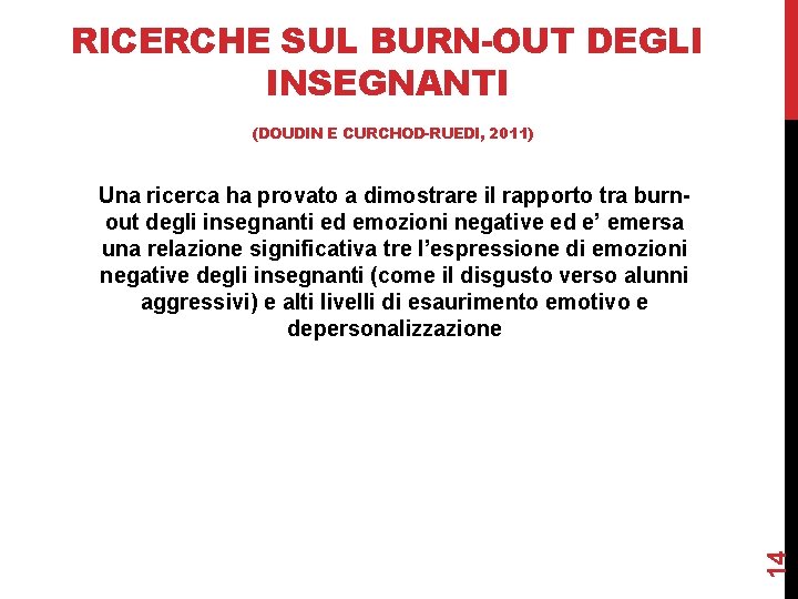 RICERCHE SUL BURN-OUT DEGLI INSEGNANTI (DOUDIN E CURCHOD-RUEDI, 2011) 14 Una ricerca ha provato