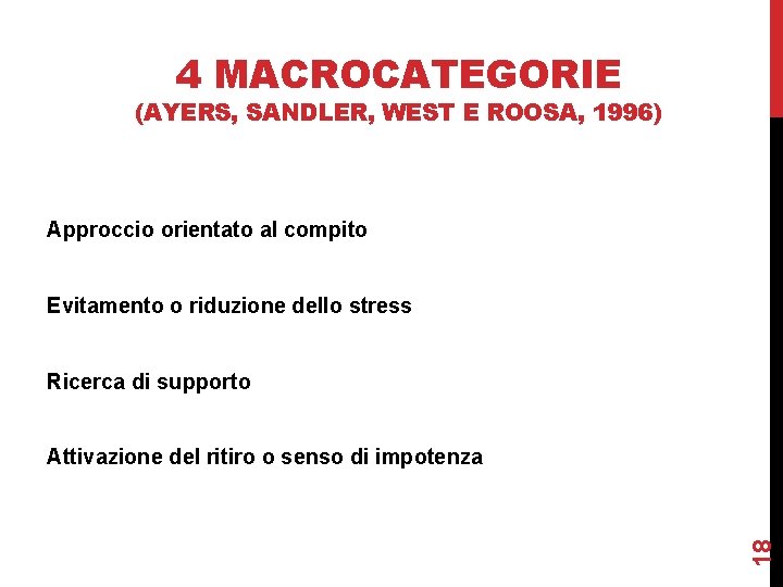 4 MACROCATEGORIE (AYERS, SANDLER, WEST E ROOSA, 1996) Approccio orientato al compito Evitamento o