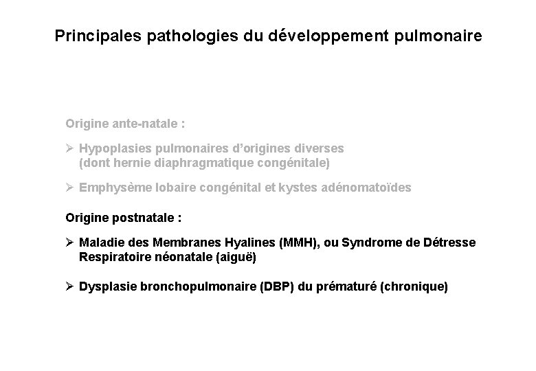 Principales pathologies du développement pulmonaire Origine ante-natale : Ø Hypoplasies pulmonaires d’origines diverses (dont
