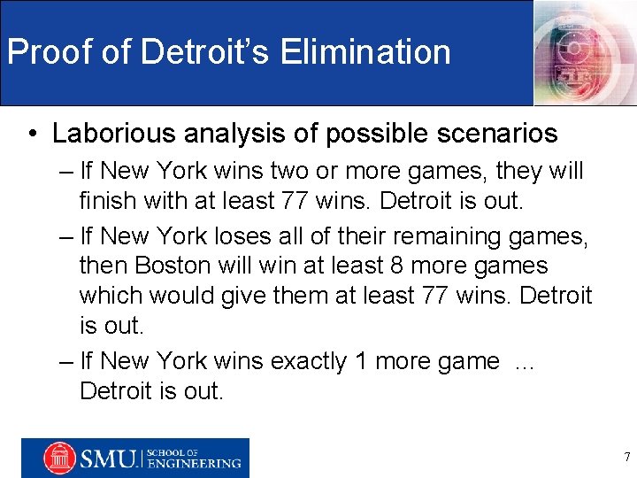 Proof of Detroit’s Elimination • Laborious analysis of possible scenarios – If New York