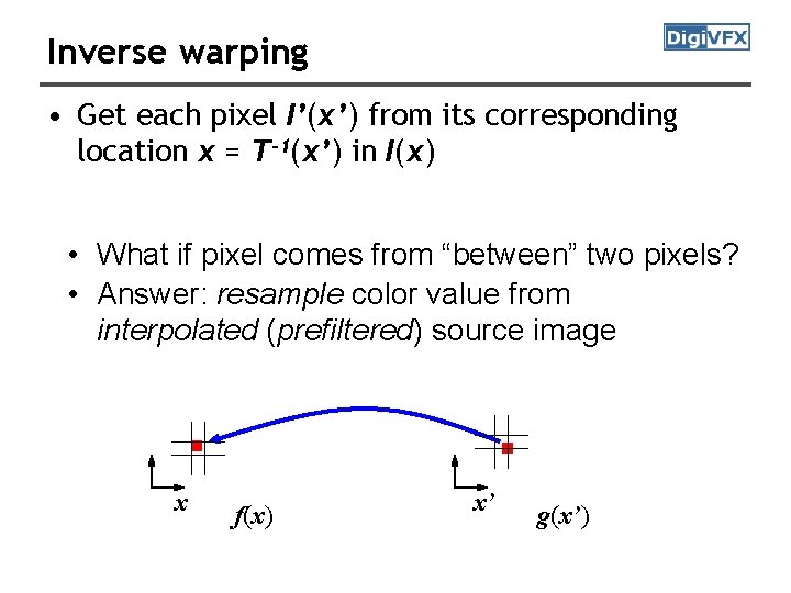 Inverse warping • Get each pixel I’(x’) from its corresponding location x = T-1(x’)