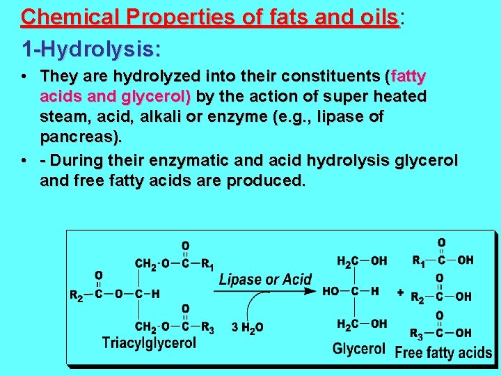 Chemical Properties of fats and oils: oils 1 -Hydrolysis: • They are hydrolyzed into