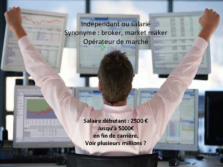 Indépendant ou salarié Synonyme : broker, market maker Opérateur de marché Salaire débutant :