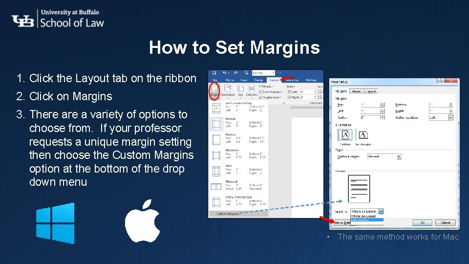 How to Set Margins 1. Click the Layout tab on the ribbon 2. Click