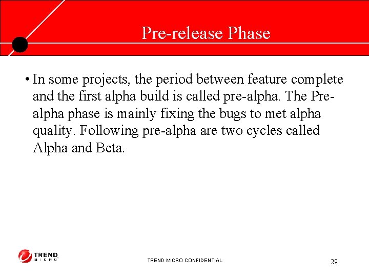 Pre-release Phase • In some projects, the period between feature complete and the first