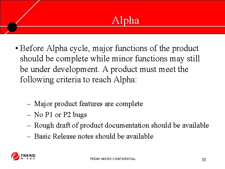 Alpha • Before Alpha cycle, major functions of the product should be complete while