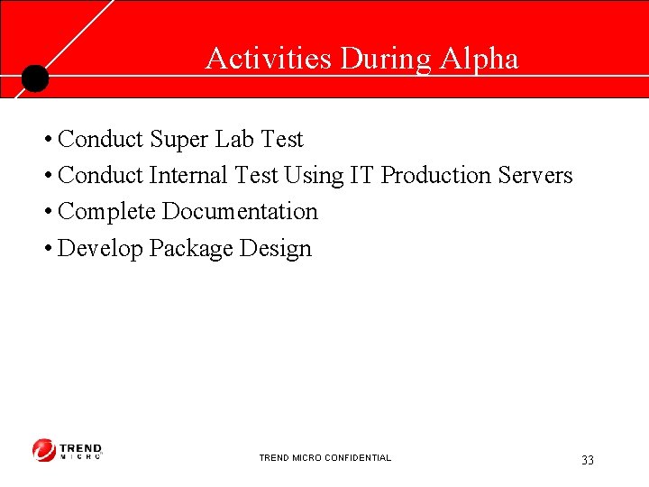 Activities During Alpha • Conduct Super Lab Test • Conduct Internal Test Using IT
