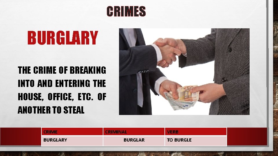 CRIMES BURGLARY THE CRIME OF BREAKING INTO AND ENTERING THE HOUSE, OFFICE, ETC. OF