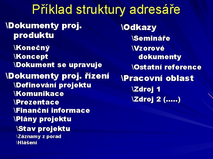 Příklad struktury adresáře Dokumenty proj. produktu Konečný Koncept Dokument se upravuje Dokumenty proj. řízení