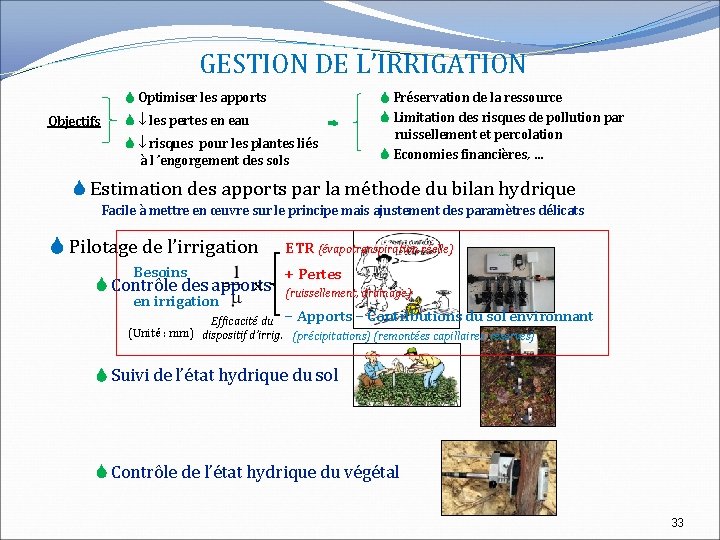 GESTION DE L’IRRIGATION Optimiser les apports Objectifs les pertes en eau risques pour les