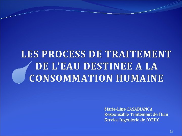 LES PROCESS DE TRAITEMENT DE L’EAU DESTINEE A LA CONSOMMATION HUMAINE Marie-Line CASABIANCA Responsable