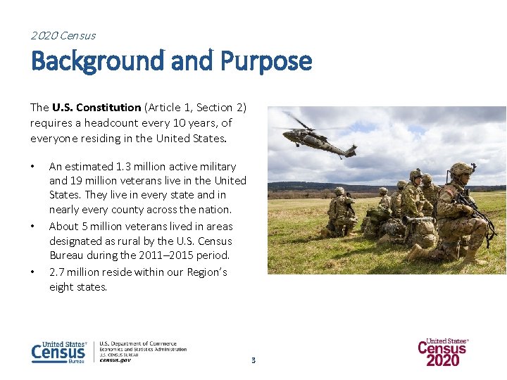 2020 Census Background and Purpose The U. S. Constitution (Article 1, Section 2) requires