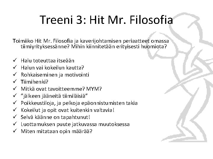 Treeni 3: Hit Mr. Filosofia Toimiiko Hit Mr. Filosofia ja kaverijohtamisen periaatteet omassa tiimiyrityksessänne?