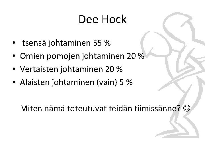 Dee Hock • • Itsensä johtaminen 55 % Omien pomojen johtaminen 20 % Vertaisten