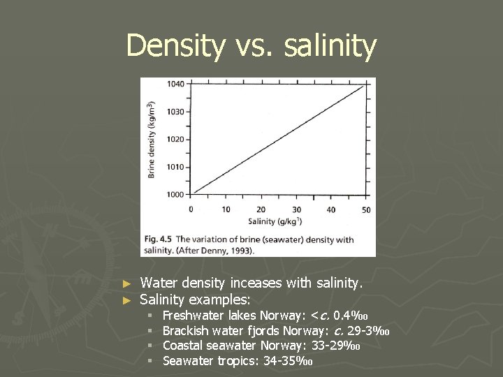 Density vs. salinity ► ► Water density inceases with salinity. Salinity examples: § Freshwater