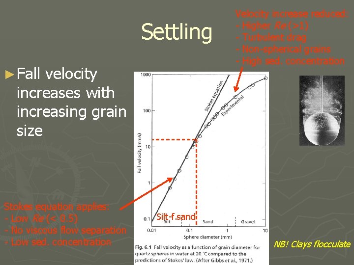 Settling ► Fall velocity increases with increasing grain size Stokes equation applies: - Low