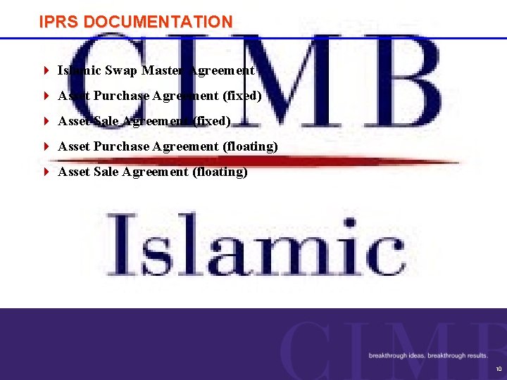 IPRS DOCUMENTATION 4 Islamic Swap Master Agreement 4 Asset Purchase Agreement (fixed) 4 Asset