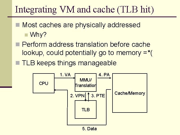 Integrating VM and cache (TLB hit) n Most caches are physically addressed n Why?