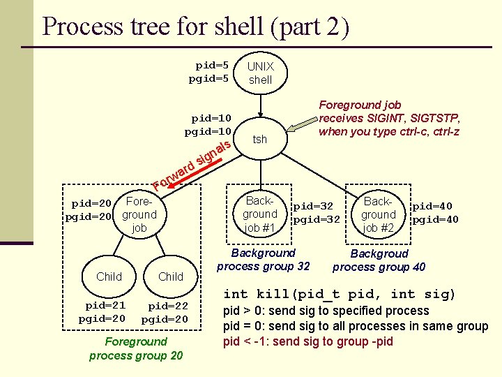 Process tree for shell (part 2) pid=5 pgid=5 pid=10 pgid=10 als UNIX shell Foreground