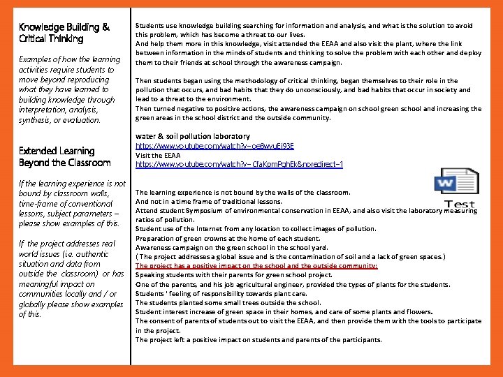 Knowledge Building & Critical Thinking Examples of how the learning activities require students to