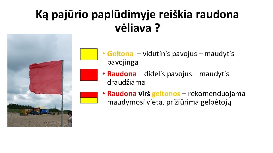 Ką pajūrio paplūdimyje reiškia raudona vėliava ? • Geltona – vidutinis pavojus – maudytis