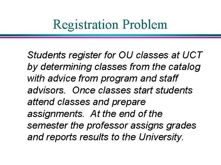 Registration Problem Students register for OU classes at UCT by determining classes from the