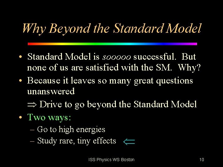 Why Beyond the Standard Model • Standard Model is sooooo successful. But none of