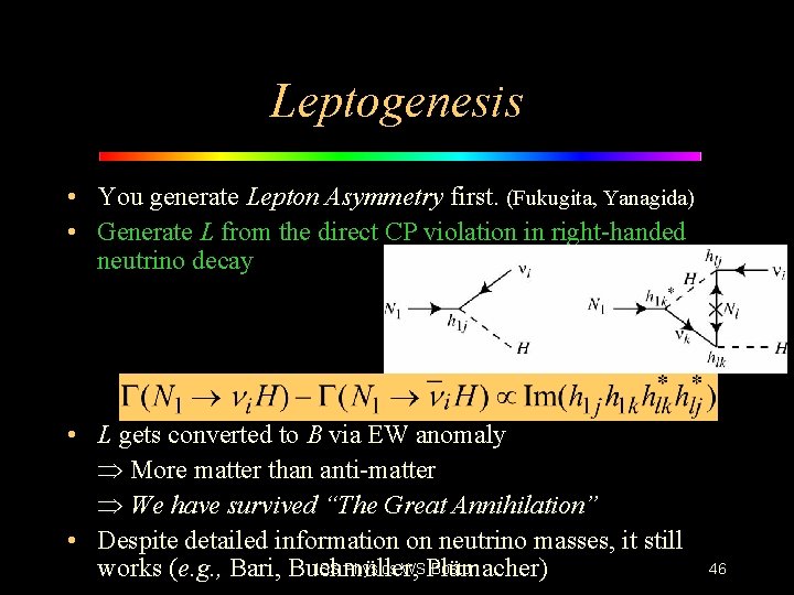 Leptogenesis • You generate Lepton Asymmetry first. (Fukugita, Yanagida) • Generate L from the