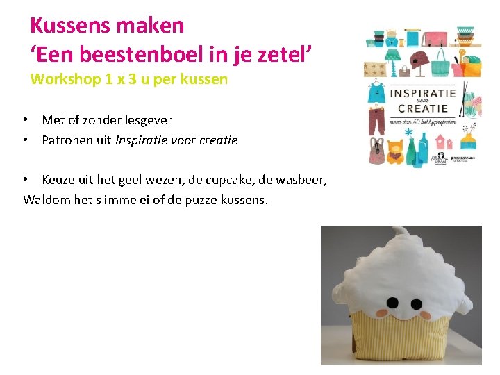 Kussens maken ‘Een beestenboel in je zetel’ Workshop 1 x 3 u per kussen