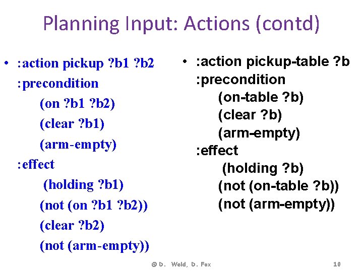 Planning Input: Actions (contd) • : action pickup ? b 1 ? b 2