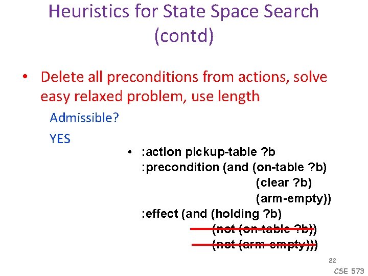 Heuristics for State Space Search (contd) • Delete all preconditions from actions, solve easy