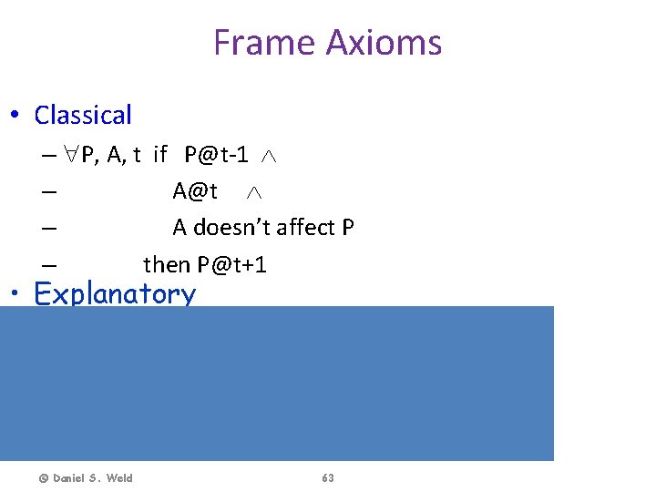 Frame Axioms • Classical – P, A, t if P@t-1 – A@t – A