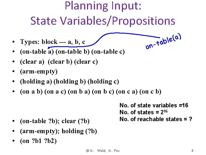 Planning Input: State Variables/Propositions • • • a) ( e l ab Types: block