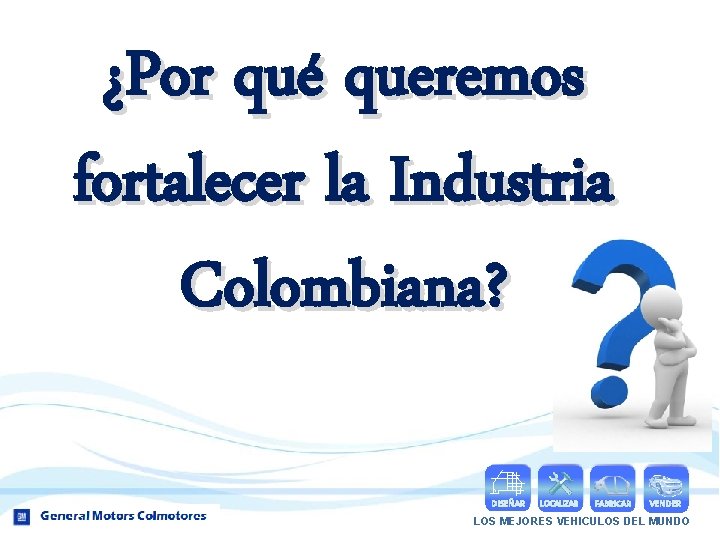 ¿Por qué queremos fortalecer la Industria Colombiana? DISEÑAR LOCALIZAR FABRICAR VENDER LOS MEJORES VEHICULOS