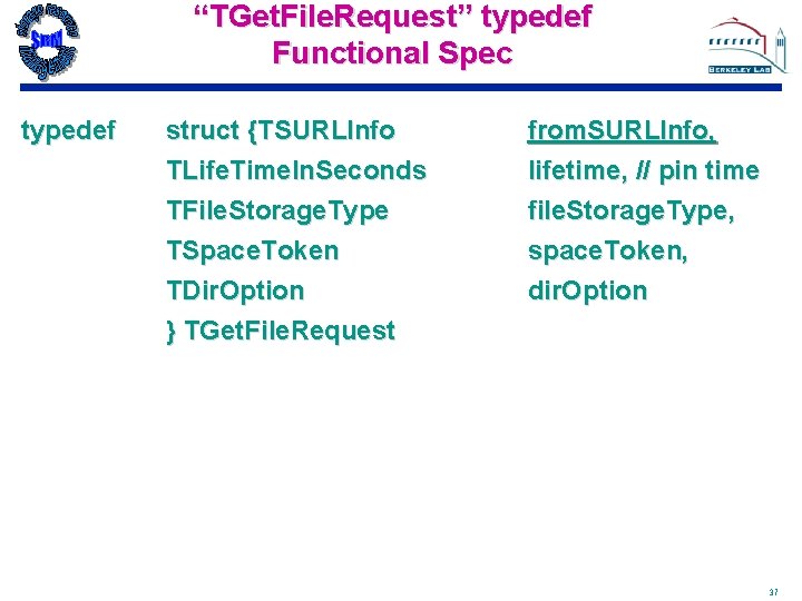 “TGet. File. Request” typedef Functional Spec typedef struct {TSURLInfo TLife. Time. In. Seconds TFile.