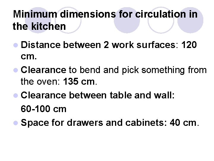 Minimum dimensions for circulation in the kitchen l Distance between 2 work surfaces: 120
