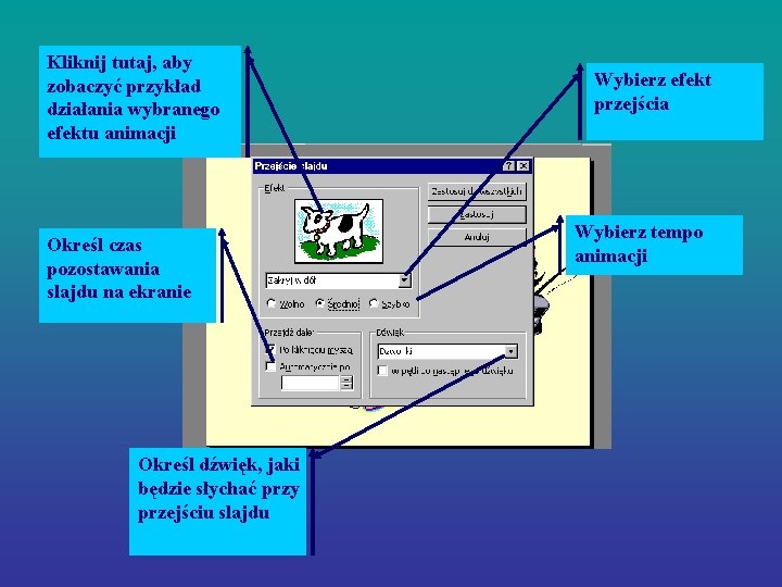 Kliknij tutaj, aby zobaczyć przykład działania wybranego efektu animacji Określ czas pozostawania slajdu na