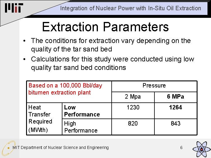 Integration of Nuclear Power with In-Situ Oil Extraction Parameters • The conditions for extraction