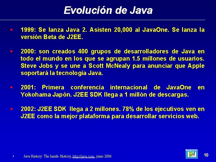 Evolución de Java 1999: Se lanza Java 2. Asisten 20, 000 al Java. One.