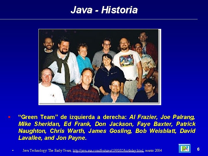 Java - Historia “Green Team” de izquierda a derecha: Al Frazier, Joe Palrang, Mike
