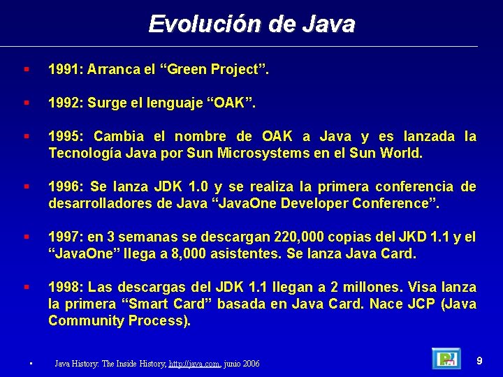 Evolución de Java 1991: Arranca el “Green Project”. 1992: Surge el lenguaje “OAK”. 1995: