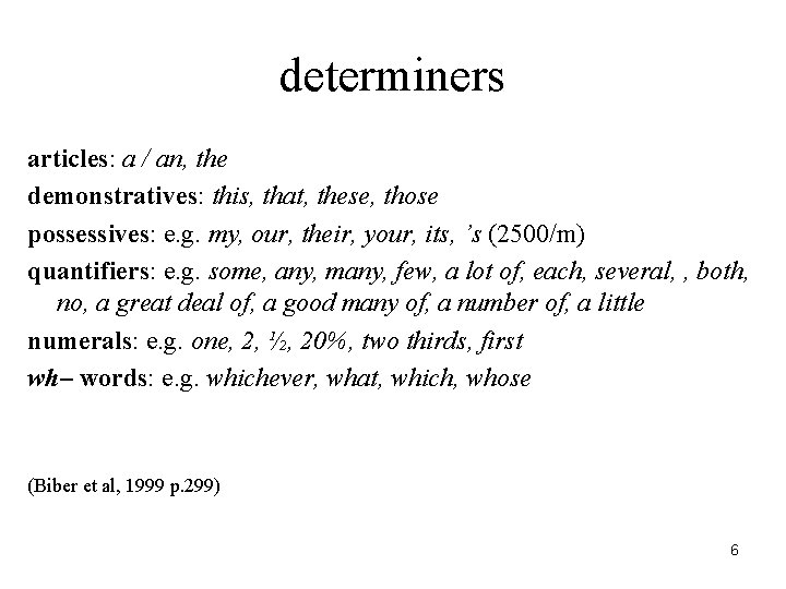 determiners articles: a / an, the demonstratives: this, that, these, those possessives: e. g.