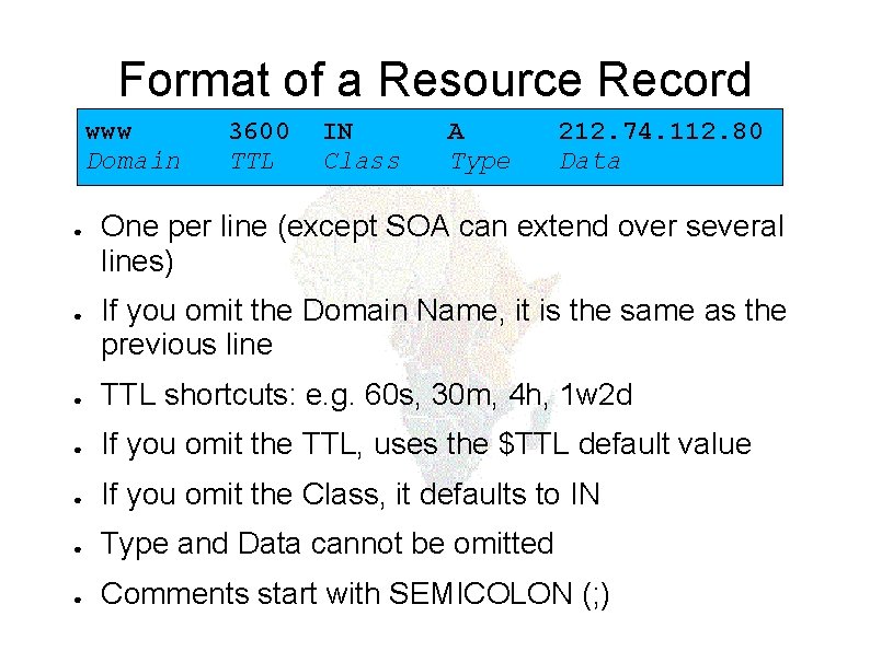 Format of a Resource Record www Domain ● ● 3600 TTL IN Class A