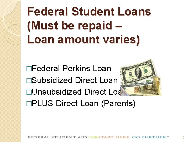 Federal Student Loans (Must be repaid – Loan amount varies) �Federal Perkins Loan �Subsidized