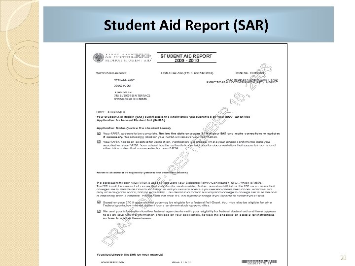 Student Aid Report (SAR) 20 