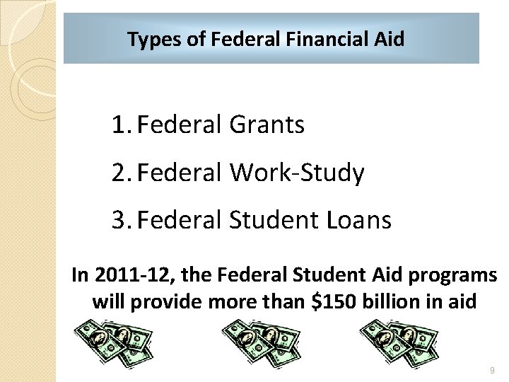 Types of Federal Financial Aid 1. Federal Grants 2. Federal Work-Study 3. Federal Student