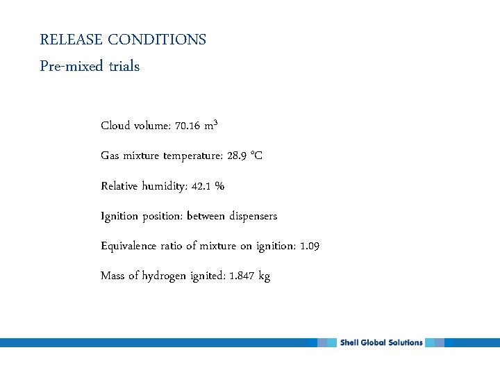 RELEASE CONDITIONS Pre-mixed trials Cloud volume: 70. 16 m 3 Gas mixture temperature: 28.